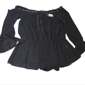 Pretty Little Thing Whimsy Goth Black Chiffon Bardot Off The Shoulder Romper 8